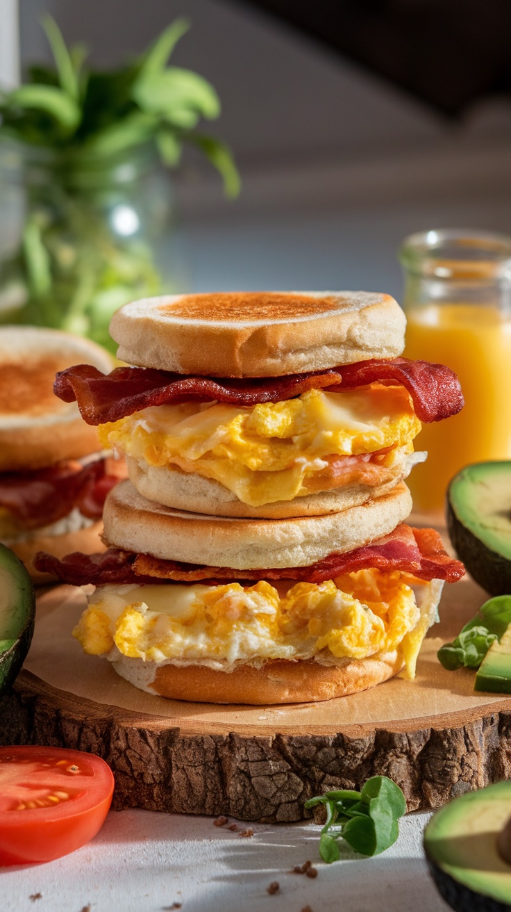 Homemade breakfast sandwiches with bacon, egg, and cheese on English muffins, displayed on a wooden board with fresh ingredients.